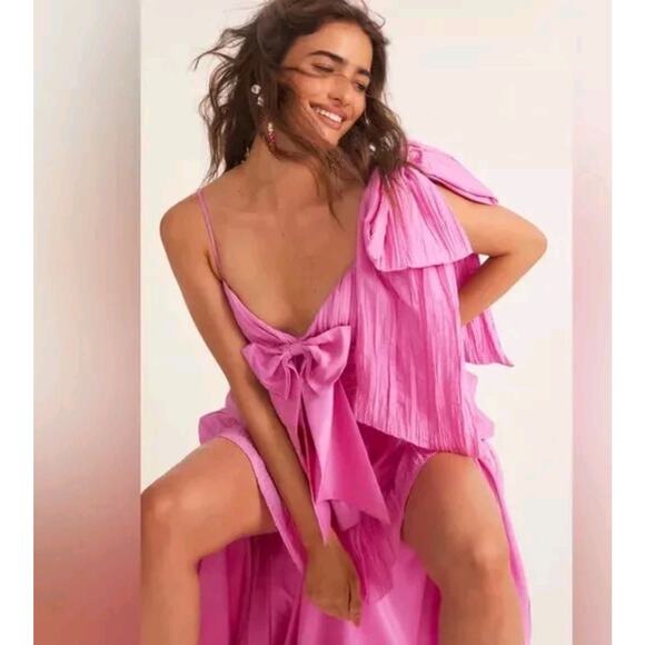 $795 LoveShackFancy Pink Raylene Tiered Pleated Bow High Low Maxi Dress 6 - Picture 7 of 16